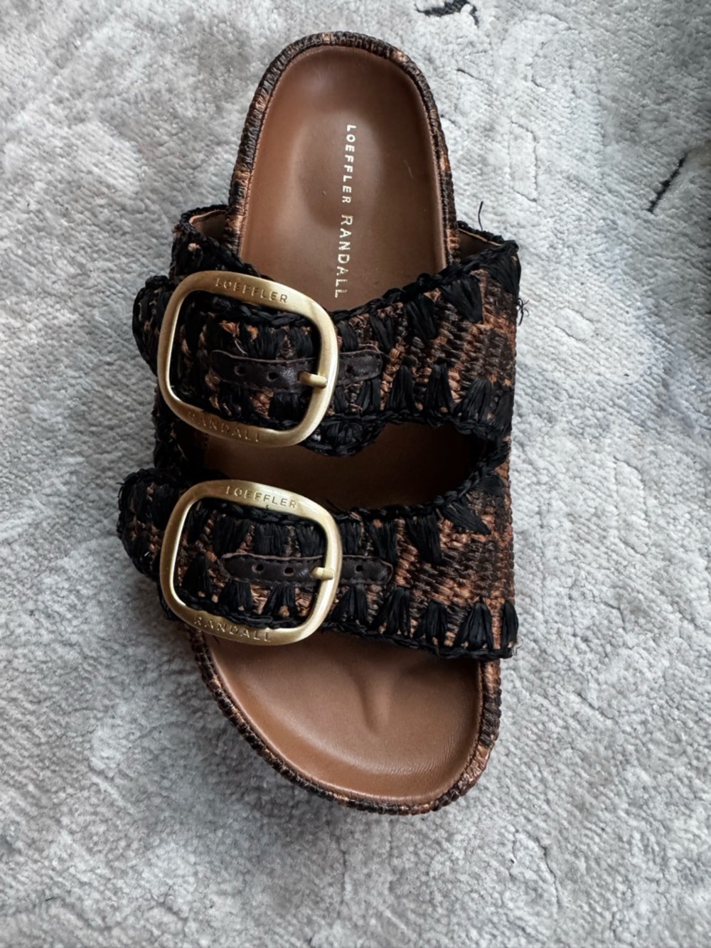 Loeffler Randall Theo Two Band Black & leopard Raffia Buckle Slide Sandal